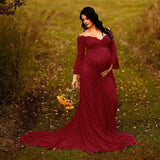 MQTIME  -  ﻿ Ginger Lace Maternity Dresses For Photo Shoot Pregnancy Women Dress For Photography Long Tail Baby Shower Dress Flare Sleeve