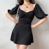 MQTIME  -  French Bow, Low-cut, Large Lantern Sleeves, Elastic Waist, A-line Dress, Little Black Dress