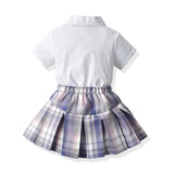 MQTIME  -  Kids Girls Clothing Sets Summer New Style Children Casual Short Sleeve Bowtie Shirt Tops+Plaid Tutu Dress 2Pcs Cloth