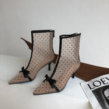 Mqtime Fashion Women Ankle Boots Pointed Toe Short Botas Pointed Toe Bow Design Thin Low Heels Back Zipper Fashion Boots Air Mesh Boots