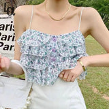 MQTIME  -   Ruffle Korean Sweet Holiday Top 2021 Summer Beach Floral Sexy Tops Women Backless Print Lace Kawaii Chiffon Blouse