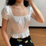 MQTIME  -  French Retro White Lace Edge Square Neck Short Sleeve Shirt Women's Bubble Sleeve Waist Down