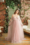 MQTIME  -  Romantic Pink Maternity Dresses For Babyshower Sweetheart Pearl Tulle Maternity Gown Photography Pregnancy Women Long Dress