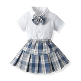 MQTIME  -  Kids Girls Clothing Sets Summer New Style Children Casual Short Sleeve Bowtie Shirt Tops+Plaid Tutu Dress 2Pcs Cloth