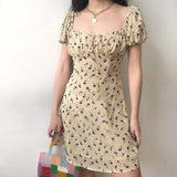 MQTIME  -  French Drawstring Bandage Chiffon Tulip Print Bubble Sleeve Waist Down Dress