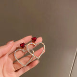 Mqtime Korean Fashion Jewelry Shining Rhinestone Hollow Heart Drop Earrings for Women Girls Vintage Red Crystal Earrings