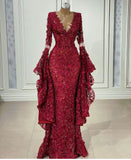 MQTIME  -  Full Lace Appliques Prom Dress  Fashion Long Sleeves V Neck Mermaid Evening Gowns vestido de novia