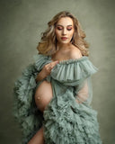 Mqtime Charming Sage Green Maternity Tulle Dress Photo Shoot Women Robes Extra Puffy Ruffled Tulle Maternity Dresses Robe Photography