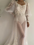 MQTIME  -  White Lace Sequined Tulle Long Sleeve Bridal Wrap Sexy Kimono Pregnant Party Sleepwear Women Bathrobe Sheer Nightgown Robe