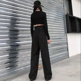 MQTIME   - Streetwear Cargo Straight Pants Ladies Korean Loose Legged Wide leg Pants High Waist Casual Black Baggy Harajuku Pantalon Femme