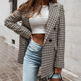 Mqtime Autumn Houndstooth Office Ladies Brazer Notched Collar Pocket Women Loose Jecket Long Sleeves Female Outfits Vintage Coat