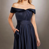 MQTIME  -  Dark Navy Bridesmaid Dress Satin Strapless Zipper Back Floor Length Wedding Party Gowns with Side Pockets