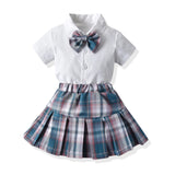 MQTIME  -  Kids Girls Clothing Sets Summer New Style Children Casual Short Sleeve Bowtie Shirt Tops+Plaid Tutu Dress 2Pcs Cloth