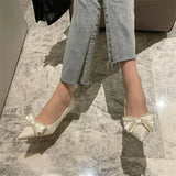 Mqtime New Fashion Pointed-Toe Bowknot Wedding Shoes Fairy Style Pearl Stiletto High Heel Shoes Bridesmaid Shoes