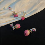 Mqtime Retro Natural Real Flower Eternal Flower Earrings Niche Design Sense Freshwater Pearl Femaleaint For Women Long Earrings Jewelry