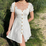 MQTIME  -  French Minority Retro Bubble Sleeve Short Skirt Button White Lace Short Sleeve Dress