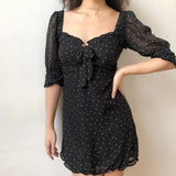 MQTIME  -  French Minority Retro Sexy Square Neck Bubble Sleeve Mesh Short Sleeve Polka Dot Dress Skirt