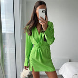 Mqtime Fashion Women Pads Pleated Mini Shirt Dress Waist Elastic Vintage Long Sleeve Buttons Office Ladies Dresses Vestidos