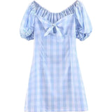 MQTIME  -  European and American Retro Chest Bow Square Neck Bubble Sleeve Slim Blue White Plaid Dress