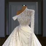 MQTIME  -  More Pearls Mermaid Wedding Dress One Shoulder With Detachable Train Bridal Gown Custom Made Sweep Train Robes De Mariée
