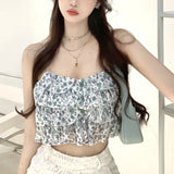 MQTIME  -   Ruffle Korean Sweet Holiday Top 2021 Summer Beach Floral Sexy Tops Women Backless Print Lace Kawaii Chiffon Blouse