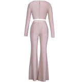 Mqtime Glitter Draping Long Sleeve Top and Pants Two Piece Set  New Arrival Green 2 PIece Set  Women Autumn Sexy Club Party Outfits