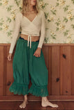 MQTIME  -  Casual Lace Patchwork Elastic Waist Trouser Women Chic High-waisted Lace-up Loose Wide-leg Ninth Pants Lady Street Trousers