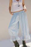 MQTIME  -  Casual Lace Patchwork Elastic Waist Trouser Women Chic High-waisted Lace-up Loose Wide-leg Ninth Pants Lady Street Trousers