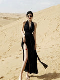 Mqtime Desert Seaside Vacation Beach Dress Short Open Back Black Halter Strap Dress Women's Summer Long Dress