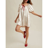 MQTIME  -  Women Satin Silk Mini Dress Bow Tied Front Square Neck Half Bubble Puff Sleeve Loose Fit Silky Short A-line Dresses