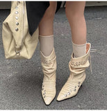 MQTIME  -  Autumn Winter Retro Soft Leather Weave Strap Women Ankle Boots Fashion Rivet Button High heels Slip-on Western Short Boots Shoes