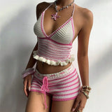 MQTIME  -  Color Patchwork Knitted Vacation Beach 2 Piece Set Women Sexy V-neck Lace Halter Backless Ruffles Camis Crop Tops + Shorts Suit