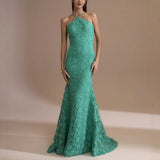 MQTIME  -  Party Dresses For Woman Sexy Halter Neck Backless Lace Fishtail Evening Dress Solid Color Sleeveless Slim Vestidos Elegant Robe