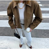 MQTIME  -  Chic Suede Short Jacket Woman Lapel Zipper Pocket Long Sleeves Solid Coats 2025 Autumn Casual Streetwear Lady New In Jackets