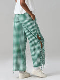 MQTIME  -  Women Plaid Wide Leg Pants Side Tie-Up Hollow-Out Loose Straight Trousers Bottoms Spring Summer Fashion Casual Sweatpants