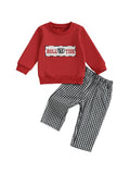 MQTIME  -  Infant Autumn Ensemble Striped Lion Applique Round Neck Pullover with Checkered Trousers 2 Piece Suit
