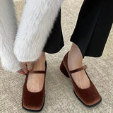 MQTIME  -  Women Mary Janes Shoes Female Retro Velvet Square Toe Loafers 2024 New Casual Pumps Girls Fashion Shallow Buckle Mid High Heels