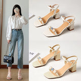 MQTIME  - Summer Pearl Korean crystal square head high heel girl sandals