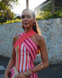 MQTIME  -  ﻿ Trendy Women's Halter Neck Striped Maxi Dress Chic Backless Sleeveless Fitted Long Dresses Summer Beach Vacation Party Gown