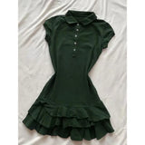 MQTIME  -  Korean Grey Waist Cinched Dress Women Summer New Slim Fit Cake Ruffle Hem A‑Line Mini Dress Fashion Dresses