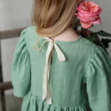  MQTIME  -  Summer Retro Linen Loose Flared Sleeve Dress Girls New Solid Color Cotton And Linen Casual Back Bow Tie Princess Dresses