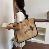  MQTIME  -  Women Large Capacity Hand Woven Straw Tote Bag Top Handles Simple Letter Embroidery Summer Beach Travel Shopping Handbag