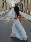 MQTIME  -  Backless Blue Pleated Vacation Dress Women's Sexy Spaghetti Strap Loose V-neck Robes Lady Holiday Beach Party Gowns Summer