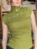 MQTIME  -  Green High Neck Slim Fit Tops Women Fashion Mini Sleeves Asymmetric Button Short Shirts Summer Trendy Lady Casual Wear New