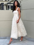 Mqtime Sexy White Feather Backless Midi Dress For Women Fashion Slash Neck Sleeveless High Waist Sling Dresses Elegant Lady Street Robe