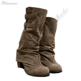 MQTIME  -  Y2K Women Taupe Suede Slouchy Mid Calf Boots Double Metal Buckle Straps Ruched Shaft Block Heel Vintage Cowgirl Casual Boots