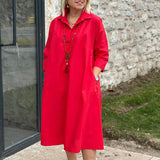 MQTIME  -  Spring Summer 3/4 Sleeved Loose Shirt Dress Office Lady Lapel Pockets Solid A-line Dress Simple Temperament Commuting Midi Dress