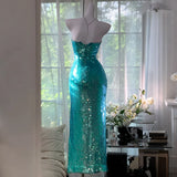 MQTIME  -  Sparkly Turquoise Women's Strapless Sequin Mermaid Dresses Luxury Bodycon Sleeveless Formal Party Evening Prom Gown