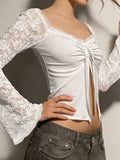 MQTIME  -  Elegant Temperament Solid Lace Patchwork V Neck Flare Sleeve Lace-up Sexy Women's T-shirts