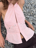 MQTIME  -  summer y2k solid stand neck short sleeve Backless sleeveless single breasted fashion Tanks